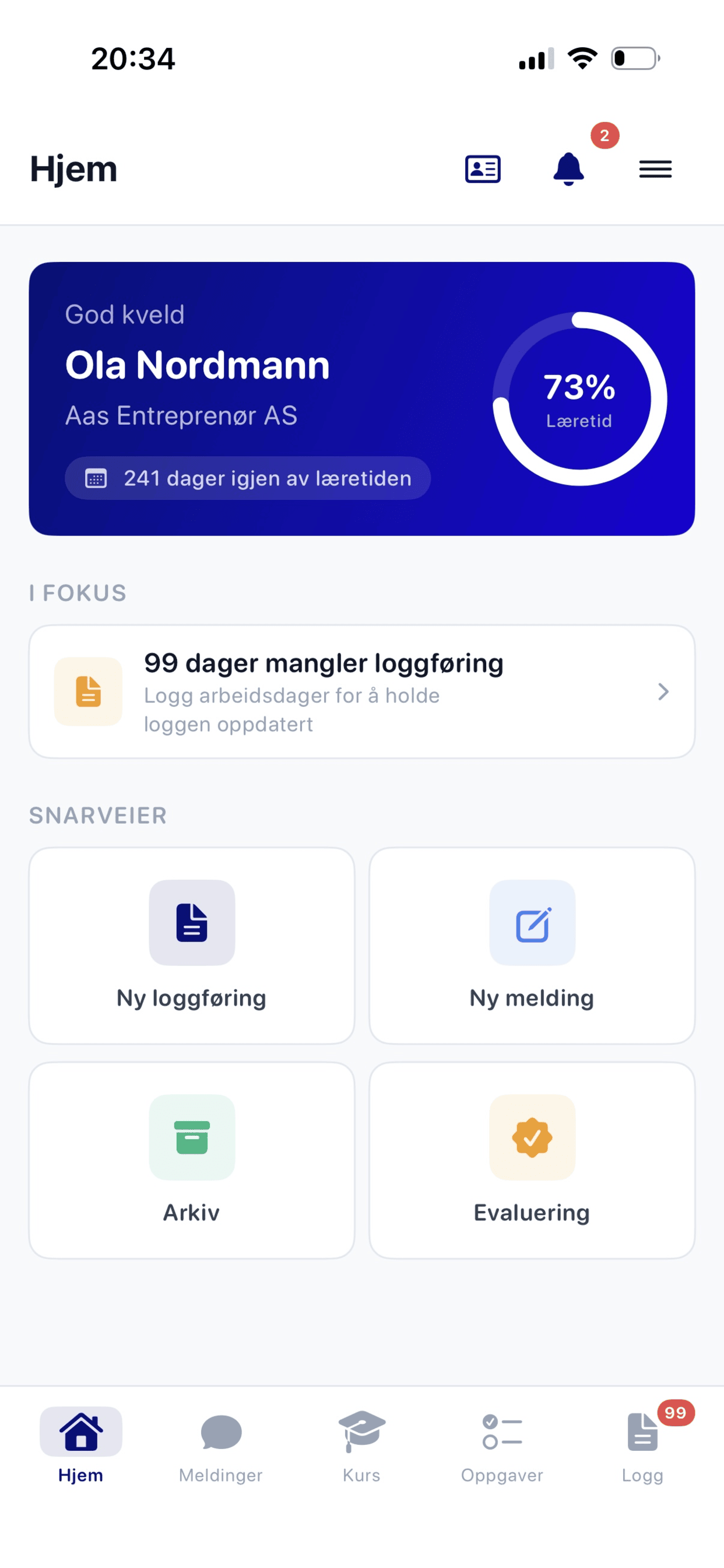 App-forside med læretid og snarveier
