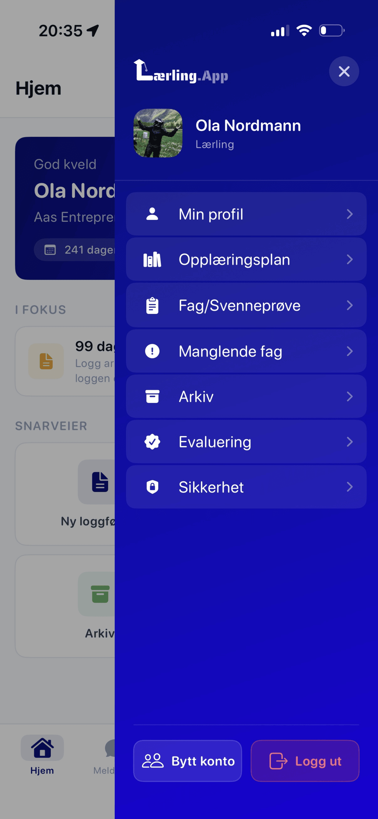 App-meny med konto-bytte